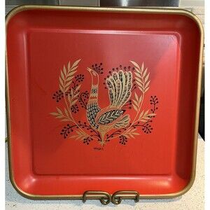 Vintage Mid-Century Red Metal Serving Tray w/ Peacock Design & Signed Maxey